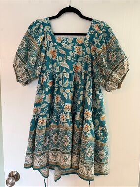 Teal Floral Puff-Sleeve Mini Dress